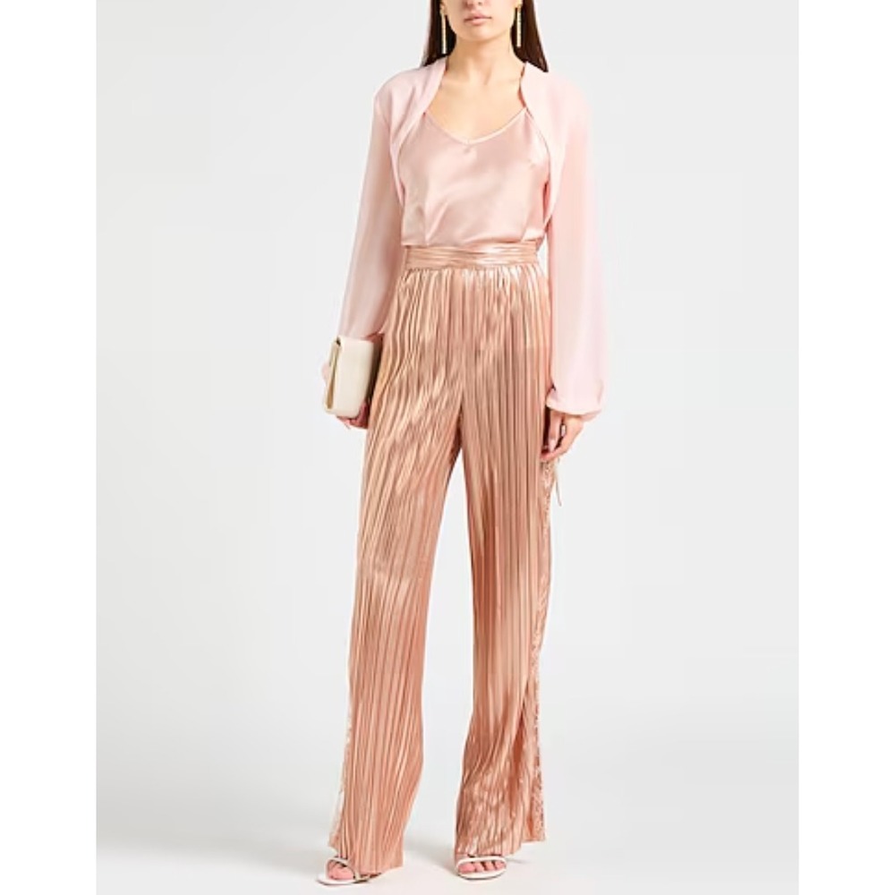 Sabina Musayev Wide-Leg Plisse Lace Inset Pants in‎ Metallic Copper Size S